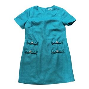 Wenrine Tweed Shift Dress Women Teal Excellent Gold Button Mini G3P496L SIZE L